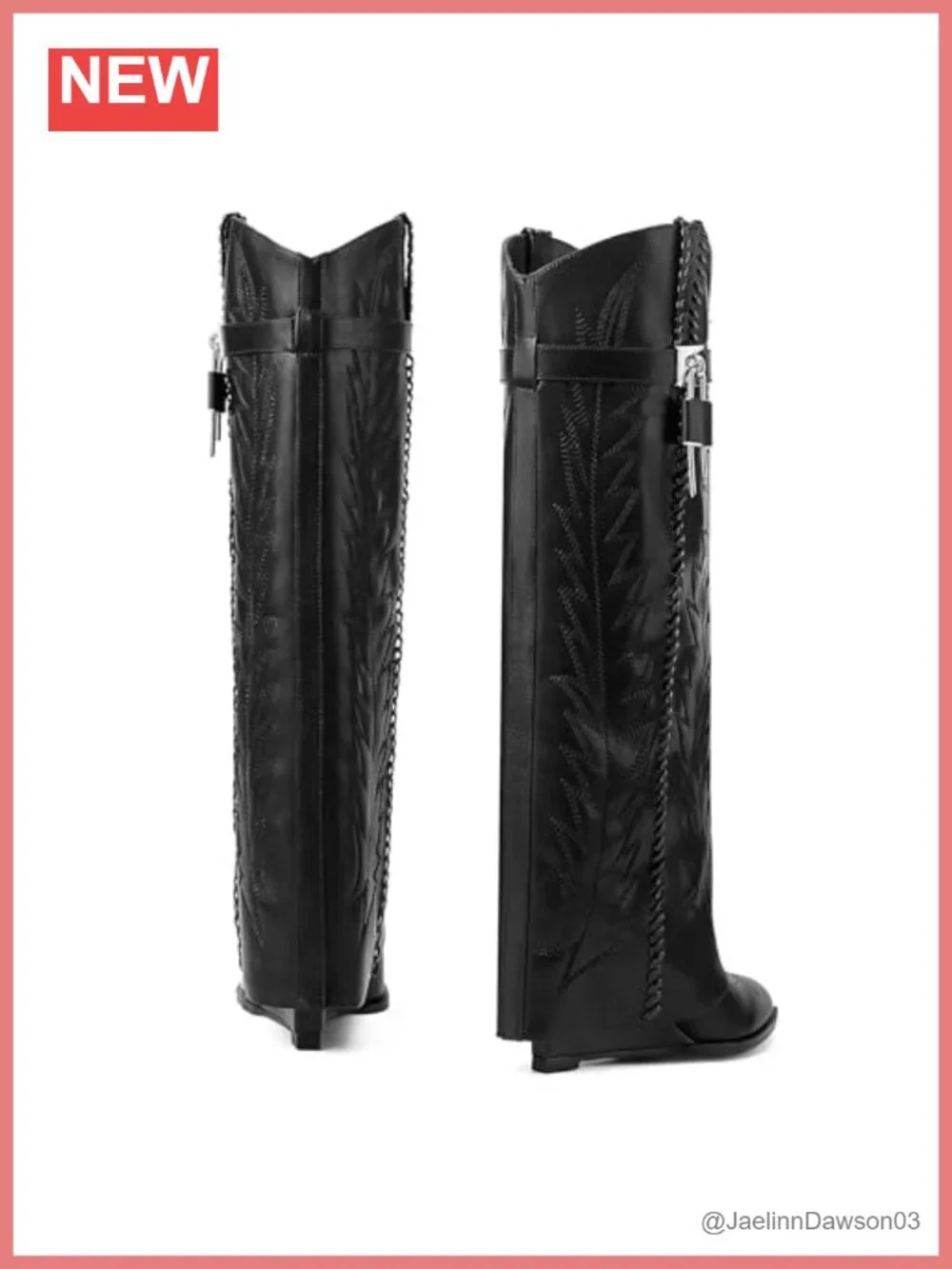 Faux Leather & Denim Fold Over Knee High Western Embroidered Wedge Heel Boots